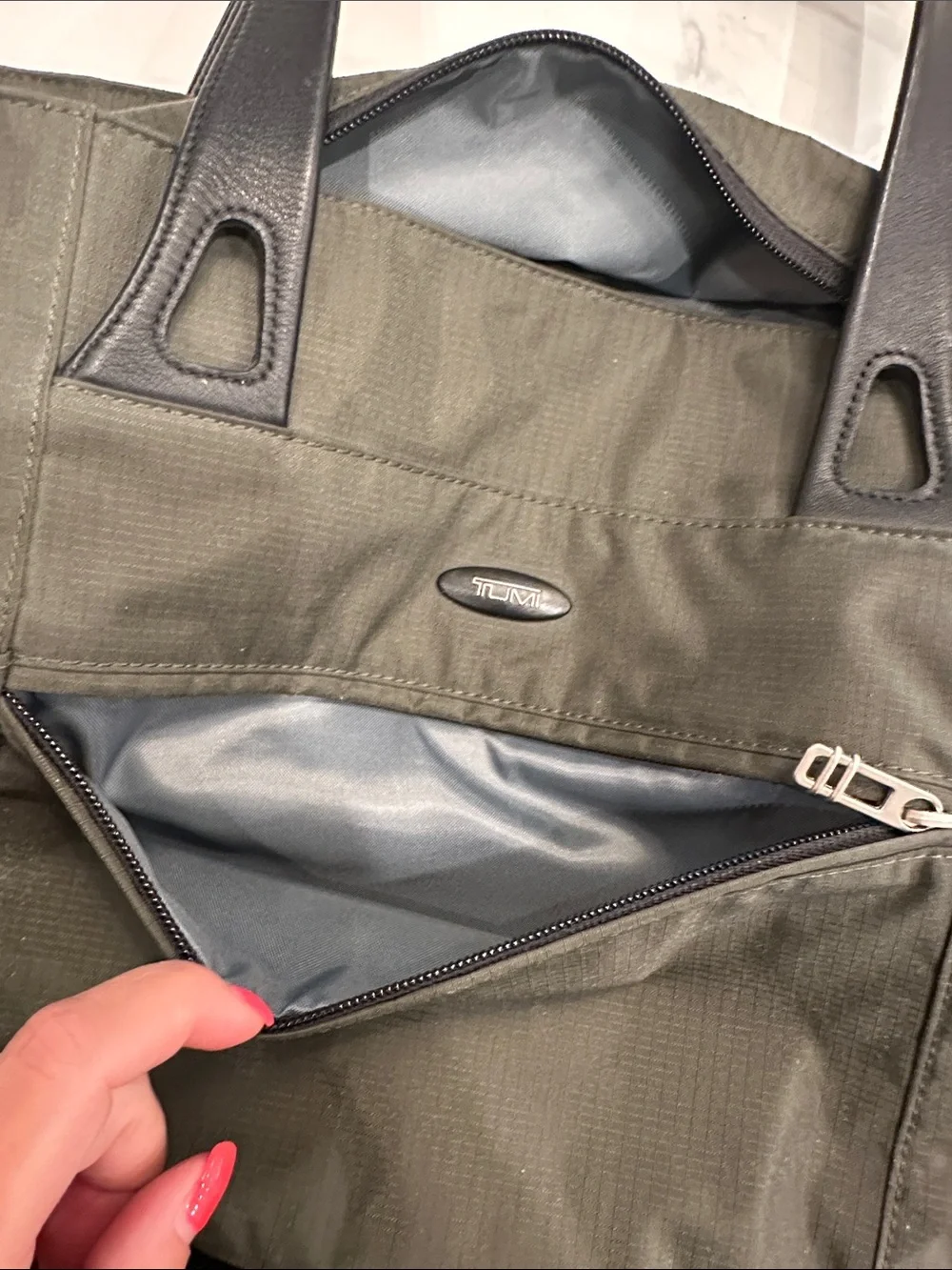 Tumi Olive Green Nylon Tote with Black Leather